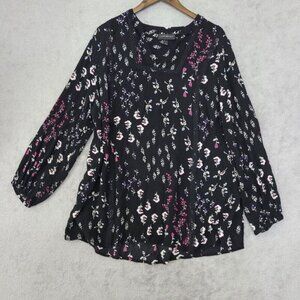 Lane Bryant Womens Floral Black‎ Blouse 14/16 Rayon Long Sleeve  JCT